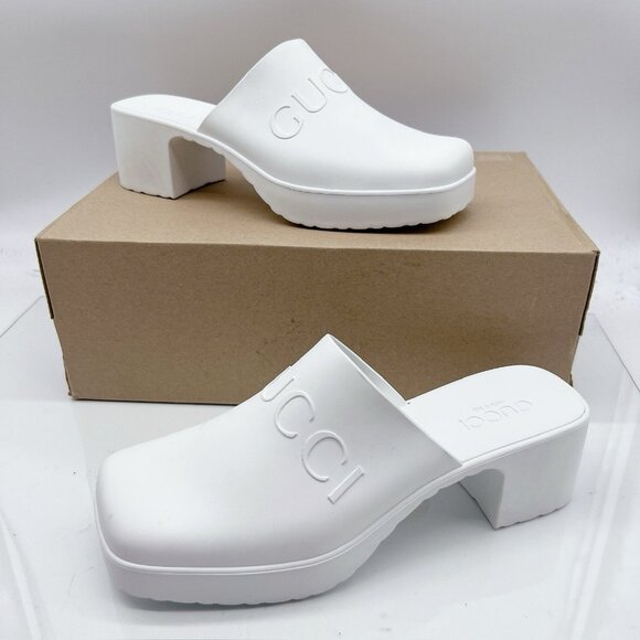 Gucci Logo Rubber Platform Heel Clogs Mules Slip On 725899 White Wms EU 39 US 9 - Picture 1 of 13